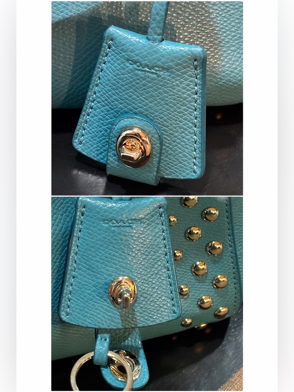 Coach Margot Studded Carryall Crossbody Aqua Blue Pebbled Leather Silver Rivets - Picture 13 of 16